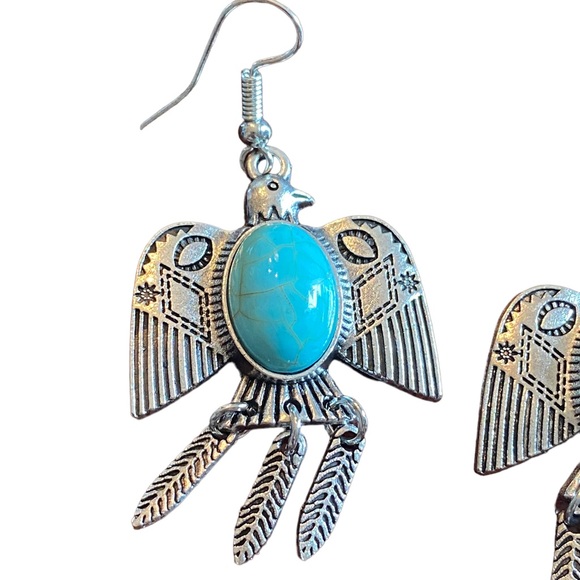 Boho Native American Style Silver and Turquoise Earrings - Picture 3 of 6